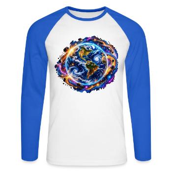 Planet Erde – Kosmische Neon Weltraum Kunst - Unisex Baseballshirt langarm - Weiß/Royalblau - Vorne - Nik (191cm)