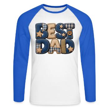 Best Dad – Papa Geschenk im 3D Patchwork Jeans - Unisex Baseballshirt langarm - Weiß/Royalblau - Vorne - Nik (191cm)