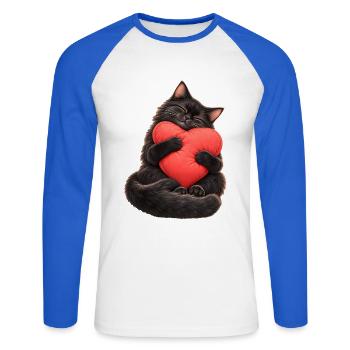 Schwarze Katze mit Herzkissen – Liebe auf Pfoten - Unisex Baseballshirt langarm - Weiß/Royalblau - Vorne - Nik (191cm)