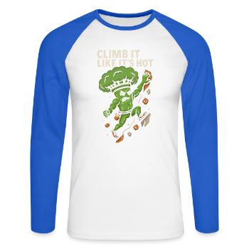Climb it like it’s hot - Unisex Baseballshirt langarm - Weiß/Royalblau - Vorne - Nik (191cm)