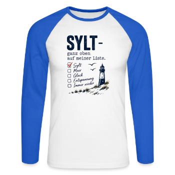 Sylt ganz oben auf meiner Liste - Unisex Baseballshirt langarm - Weiß/Royalblau - Vorne - Nik (191cm)