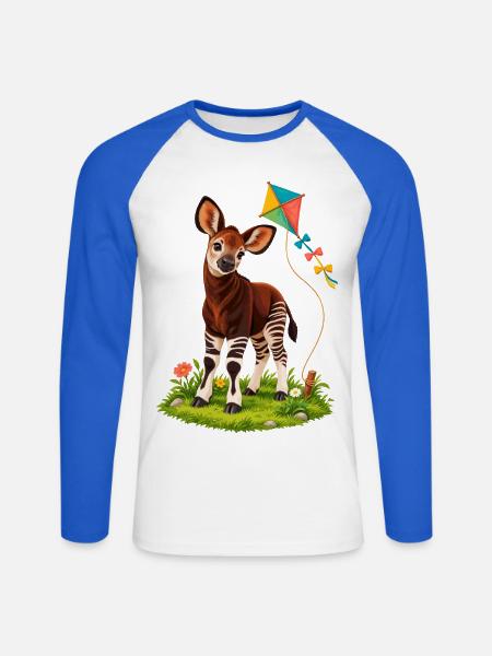 Kleines Okapi mit buntem Regenbogendrachen - Unisex Baseballshirt langarm - Weiß/Royalblau