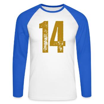 14 - Unisex Baseballshirt langarm - Weiß/Royalblau - Vorne - Nik (191cm)