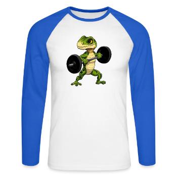 Eidechsen Fitness - Unisex Baseballshirt langarm - Weiß/Royalblau - Vorne - Nik (191cm)