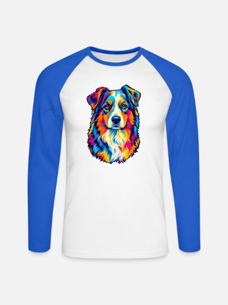 Bunter Australian Shepherd – Pop-Art-Aussie-Hund - Unisex Baseballshirt langarm - Weiß/Royalblau