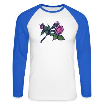 Rosa Rose mit neonblauer Kontur - Unisex Baseballshirt langarm - Weiß/Royalblau - Vorne - Nik (191cm)