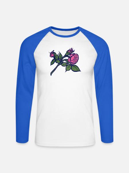 Rosa Rose mit neonblauer Kontur - Unisex Baseballshirt langarm - Weiß/Royalblau
