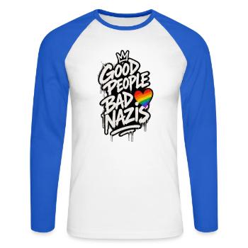 Good People gegen Nazis - Unisex Baseballshirt langarm - Weiß/Royalblau - Vorne - Nik (191cm)