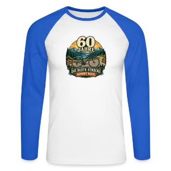60 Jahre Die beste Strecke kommt noch - Unisex Baseballshirt langarm - Weiß/Royalblau - Vorne - Nik (191cm)