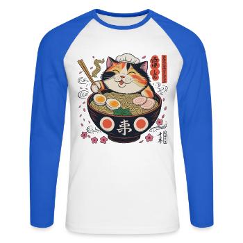Ramen Katze mit Kochmütze - Unisex Baseballshirt langarm - Weiß/Royalblau - Vorne - Nik (191cm)