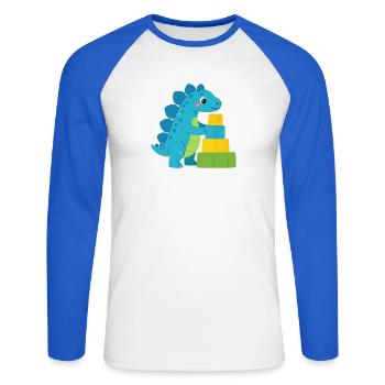 Blauer Comic Dinosaurier Bauklötze Kinder T-Shirt - Unisex Baseballshirt langarm - Weiß/Royalblau - Vorne - Nik (191cm)