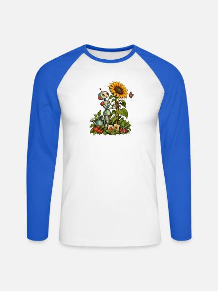 Gartenroboter mit Sonnenblume und Gemüse - Unisex Baseballshirt langarm - Weiß/Royalblau