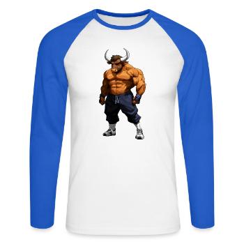 Sport Tiere Stier - Unisex Baseballshirt langarm - Weiß/Royalblau - Vorne - Nik (191cm)
