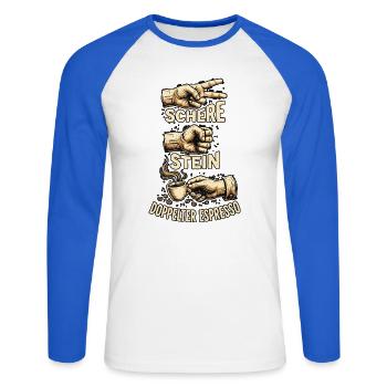 Schere Stein Doppelter Espresso - Unisex Baseballshirt langarm - Weiß/Royalblau - Vorne - Nik (191cm)