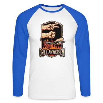 Schere Stein Grillen - Unisex Baseballshirt langarm - Weiß/Royalblau - Vorne - Nik (191cm)