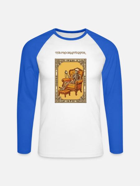 Das lustige Tarot-Skelett des Aufschiebers - Unisex Baseballshirt langarm - Weiß/Royalblau