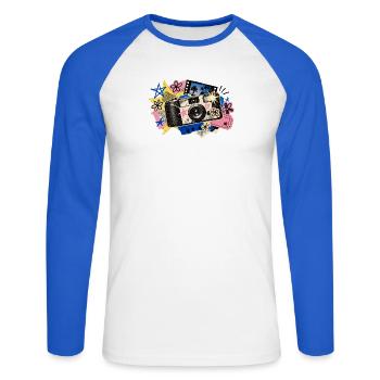 Retro Kamera Collage Popfarben - Unisex Baseballshirt langarm - Weiß/Royalblau - Vorne - Nik (191cm)