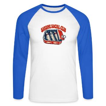 Sardine Social Club - Unisex Baseballshirt langarm - Weiß/Royalblau - Vorne - Nik (191cm)