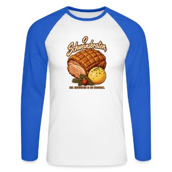 O Schweinsbraten knuschprige Kruste - Unisex Baseballshirt langarm - Weiß/Royalblau - Vorne - Nik (191cm)