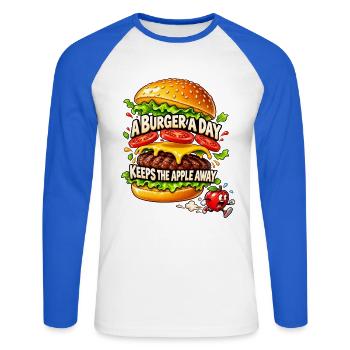 A Burger a Day Keeps the Apple Away – Burgerhumor - Unisex Baseballshirt langarm - Weiß/Royalblau - Vorne - Nik (191cm)