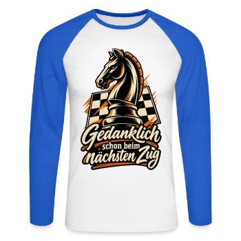 Schach Shirt mit Springer Gedanklich schon beim .. - Unisex Baseballshirt langarm - Weiß/Royalblau - Vorne - Nik (191cm)