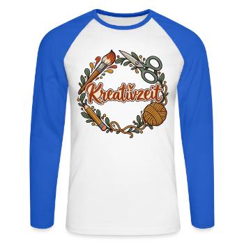 Kreativzeit personalisierbar für Kreativgruppen - Unisex Baseballshirt langarm - Weiß/Royalblau - Vorne - Nik (191cm)