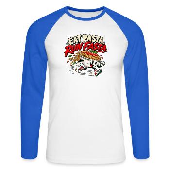 Pasta essen, schneller laufen - Unisex Baseballshirt langarm - Weiß/Royalblau - Vorne - Nik (191cm)