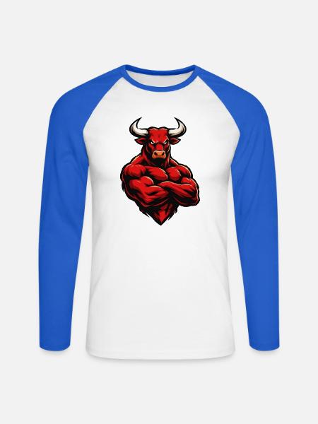 Roter Stier Muskelheld - Unisex Baseballshirt langarm - Weiß/Royalblau