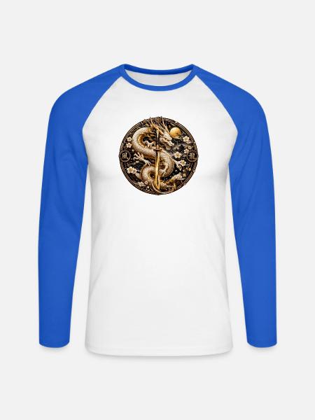Goldener Drachenklingentraum - Unisex Baseballshirt langarm - Weiß/Royalblau