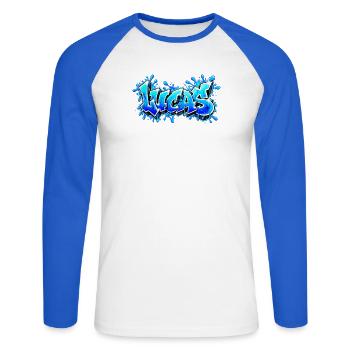 LUCAS explodiert in Neonblau! Epischer Graffiti-Name - Unisex Baseballshirt langarm - Weiß/Royalblau - Vorne - Nik (191cm)
