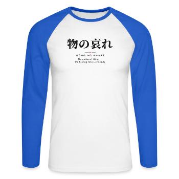 Mono no Aware 物の哀れ — Die vergängliche Schönheit - Unisex Baseballshirt langarm - Weiß/Royalblau - Vorne - Nik (191cm)