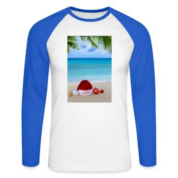 Neujahrsreise-Hintergrund 2027 mit rotem Weihnachtsmannhut - Unisex Baseballshirt langarm - Weiß/Royalblau - Vorne - Nik (191cm)