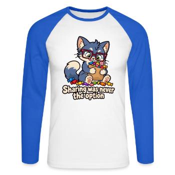 Teilen war nie die Option – Candy Cat - Unisex Baseballshirt langarm - Weiß/Royalblau - Vorne - Nik (191cm)