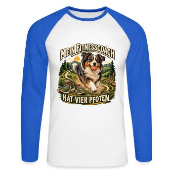 Mein Fitnesscoach hat vier Pfoten - Unisex Baseballshirt langarm - Weiß/Royalblau - Vorne - Nik (191cm)