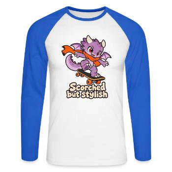Verbrannt, aber stilvoll – Skateboarding Dragon - Unisex Baseballshirt langarm - Weiß/Royalblau - Vorne - Nik (191cm)