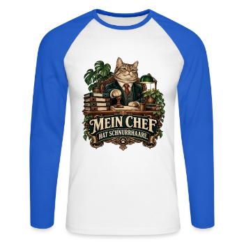 Mein Chef hat Schnurrhaare - Unisex Baseballshirt langarm - Weiß/Royalblau - Vorne - Nik (191cm)