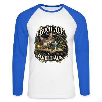 Buch auf. Welt aus. - Unisex Baseballshirt langarm - Weiß/Royalblau - Vorne - Nik (191cm)