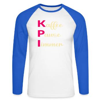 Büro Kaffee Sprüche, KPI - Unisex Baseballshirt langarm - Weiß/Royalblau - Vorne - Nik (191cm)