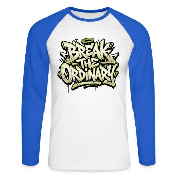 Break the Ordinary – Graffiti Streetwear - Unisex Baseballshirt langarm - Weiß/Royalblau - Vorne - Nik (191cm)