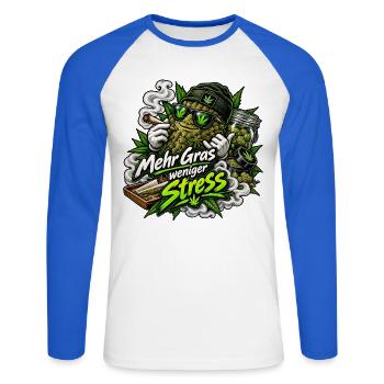Mach Ma kein Stress - Unisex Baseballshirt langarm - Weiß/Royalblau - Vorne - Nik (191cm)