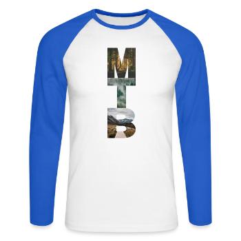 MTB- und Naturthema - Unisex Baseballshirt langarm - Weiß/Royalblau - Vorne - Nik (191cm)