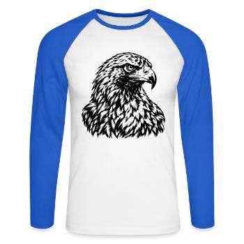 Adler – Majestätische Schwarz Weiß Gravur - Unisex Baseballshirt langarm - Weiß/Royalblau - Vorne - Nik (191cm)