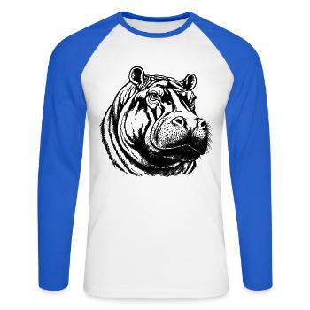 Flusspferd – Schwarz Weiß Tierporträt - Unisex Baseballshirt langarm - Weiß/Royalblau - Vorne - Nik (191cm)