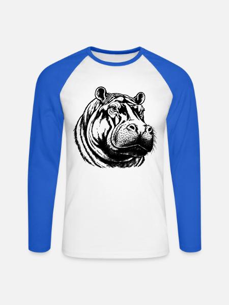 Flusspferd – Schwarz Weiß Tierporträt - Unisex Baseballshirt langarm - Weiß/Royalblau