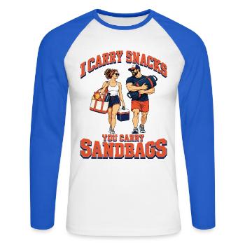 Ich trage Snacks Du trägst Sandsäcke Fitness Renngym - Unisex Baseballshirt langarm - Weiß/Royalblau - Vorne - Nik (191cm)