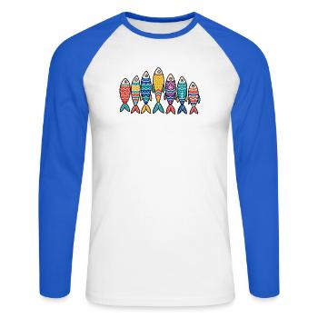 Bunte Volkskunst Fischschule Marine Ozean Tee - Unisex Baseballshirt langarm - Weiß/Royalblau - Vorne - Nik (191cm)