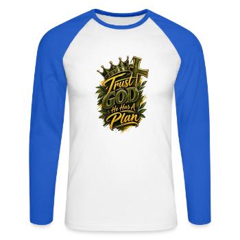 Treu zu Gott, hat er einen Plan - Unisex Baseballshirt langarm - Weiß/Royalblau - Vorne - Nik (191cm)