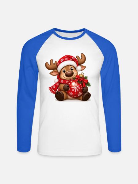 Weihnachtselch mit roter Weihnachtskugel - Unisex Baseballshirt langarm - Weiß/Royalblau