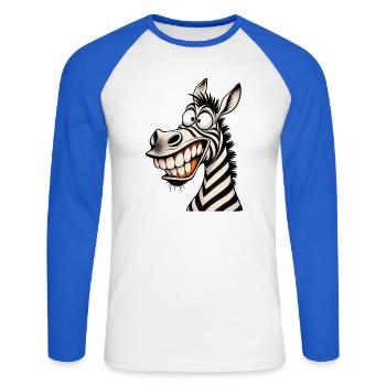 Lustige verrückte Zebra-Zeichentrick-Lächeln Tier-Humor-T-Shirt - Unisex Baseballshirt langarm - Weiß/Royalblau - Vorne - Nik (191cm)