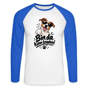 Bin da - Kann losgehen - Hund - Gassi gehen - Unisex Baseballshirt langarm - Weiß/Royalblau - Vorne - Nik (191cm)
